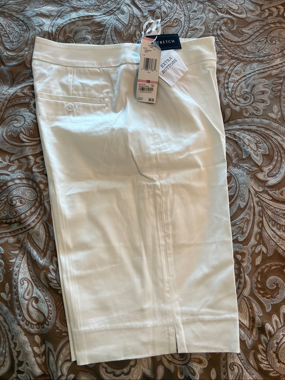 White Stretch Pencil Shorts with Back Button Detail